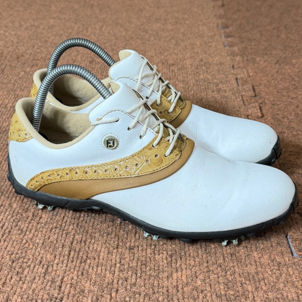 FootJoy LoPro Womens Golf Shoes White Tan Croc Leather Spiked 93926 Size 9 M